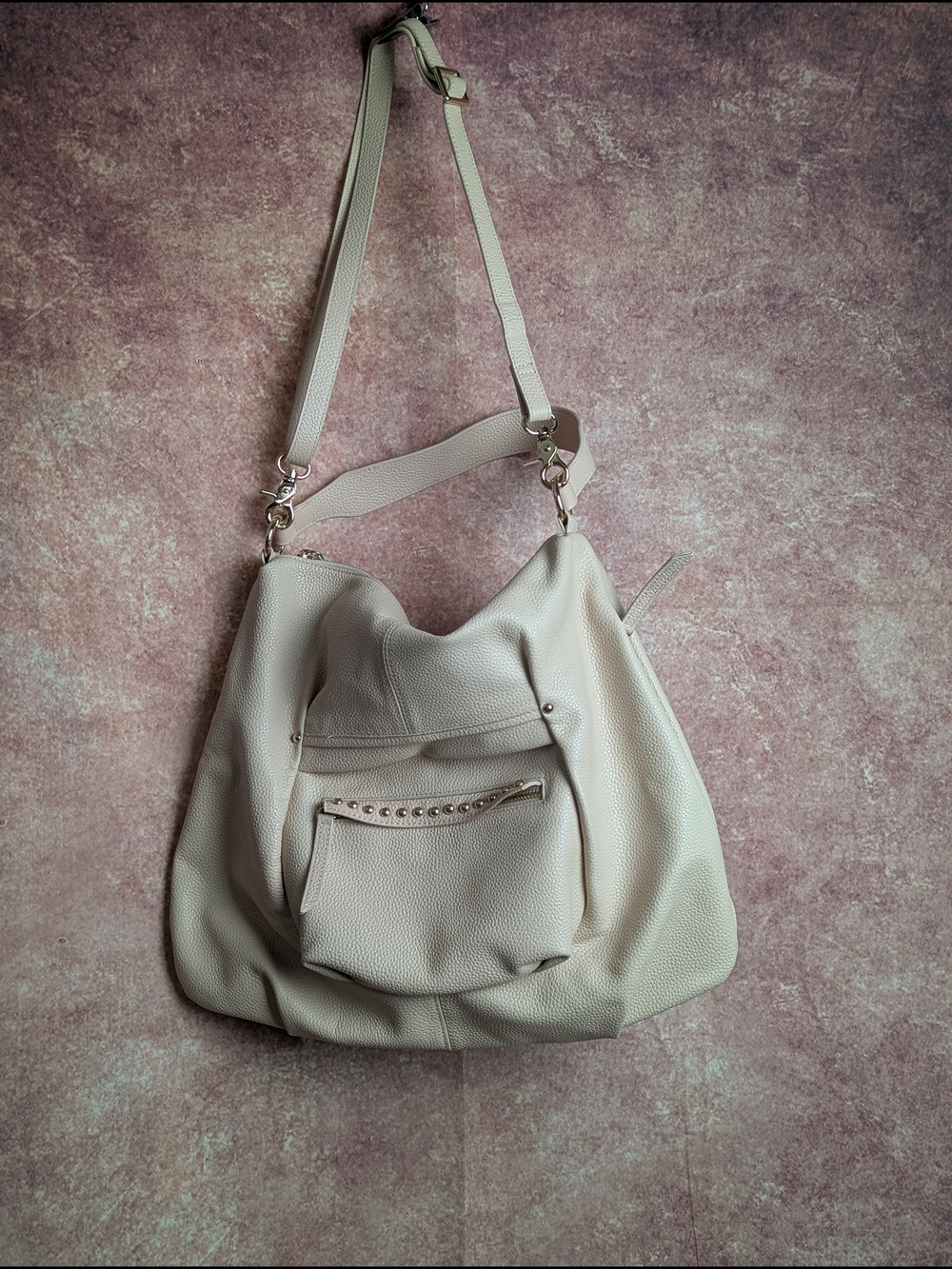 LAGGO Joyce Blush Pebbled Leather Hobo Shoulder Crossbody Bag Studded
